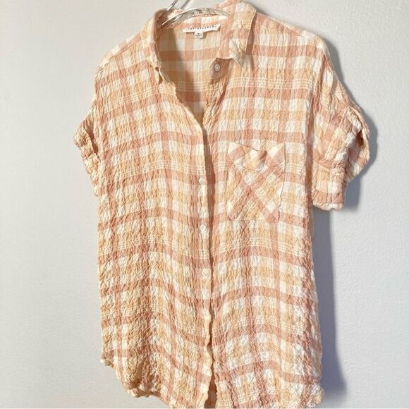 Jane + Delancey Top Medium Crinkle Gingham‎ Check Cream Peach Coastal Beach - Picture 1 of 7